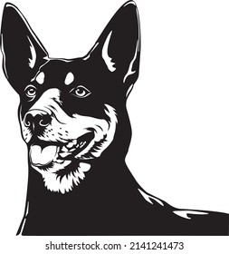 Silueta negra vectorial de cabeza de perro kelpie australiano. Elemento para tarjeta de diseño, ilustración, afiche, imprimir sobre animales.