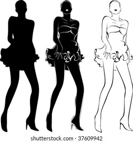 Vector black silhouette of beautiful dancing woman on white background