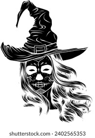 vector black silhouette of beautiful makeup skull witch in a classic hat