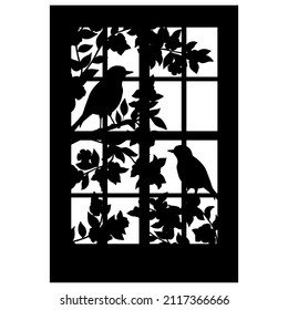 Vector black silhouette of a beautiful window with a bird on a spring blooming tree