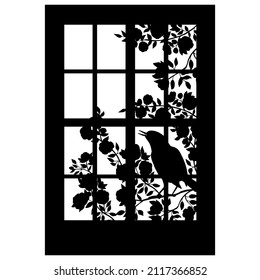 Vector black silhouette of a beautiful window with a bird on a spring blooming tree