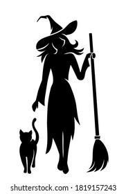 Vector black silhouette of a beautiful witch with a broomstick and a cat isolated on a white background.