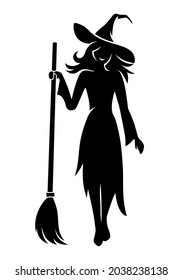 Vector black silhouette of a beautiful young smiling witch with a broomstick isolated on a white background.
