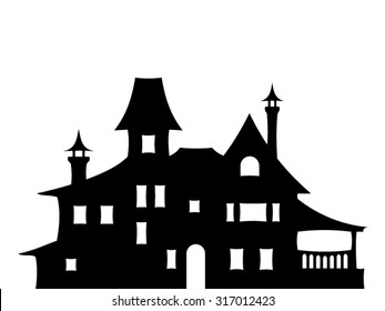 Vector black silhouette of a big Victorian house isolated on a white background.