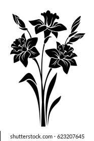 Vector black silhouette of bouquet of narcissus flowers isolated on a white background.