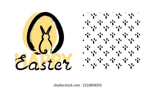 Vector black silhouette Bunny in eggs. Happy Easter. Brush strokes hand drawing of a rabbit. Seamless pattern with step stamp