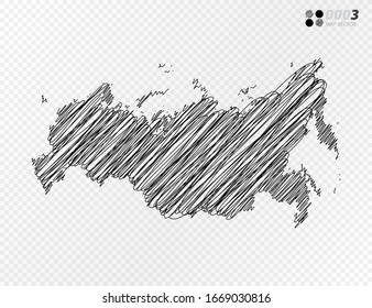 Vector black silhouette chaotic hand drawn scribble sketch  of Russia map on transparent background.