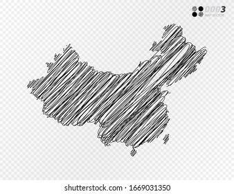 Esbozo de escarabajo negro vectorial dibujado a mano dibujando el mapa de China sobre fondo transparente.