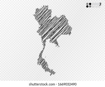 Vector black silhouette chaotic hand drawn scribble sketch  of Thailand map on transparent background.