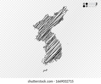 Vector black silhouette chaotic hand drawn scribble sketch  of Korea map on transparent background.