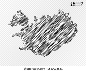 Vector black silhouette chaotic hand drawn scribble sketch  of Iceland map on transparent background.