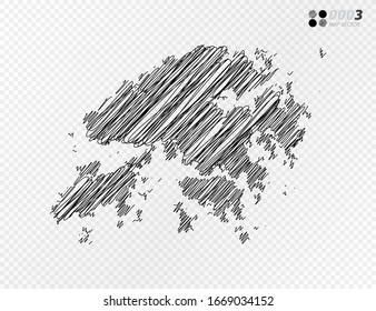 Vector black silhouette chaotic hand drawn scribble sketch  of Hong Kong map on transparent background.