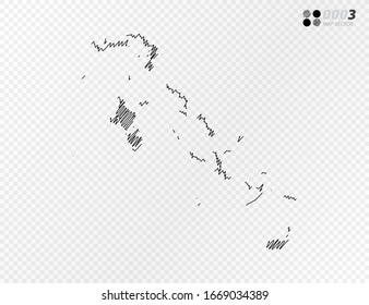 Esbozo de escarabajo negro vectorial dibujado a mano dibujando el mapa de Bahamas sobre fondo transparente.