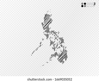 Vector black silhouette chaotic hand drawn scribble sketch  of Philippines map on transparent background.