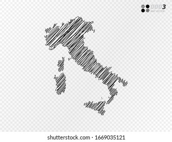 Vector black silhouette chaotic hand drawn scribble sketch  of Italy map on transparent background.