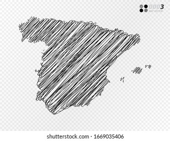 Vector black silhouette chaotic hand drawn scribble sketch  of Spain map on transparent background.