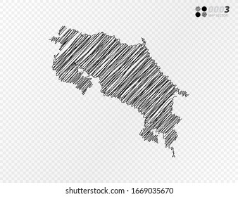 Vector black silhouette chaotic hand drawn scribble sketch  of Costa Rica map on transparent background.