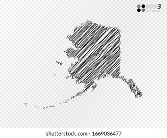 Vector black silhouette chaotic hand drawn scribble sketch  of Alaska map on transparent background.