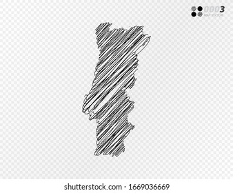 Vector black silhouette chaotic hand drawn scribble sketch  of Portugal map on transparent background.