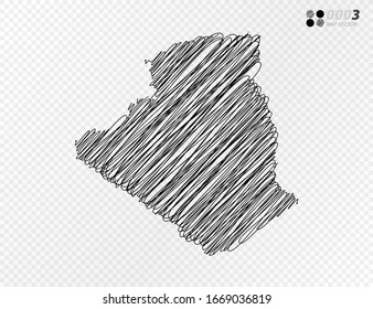 Vector black silhouette chaotic hand drawn scribble sketch  of Algeria map on transparent background.
