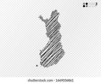 Vector black silhouette chaotic hand drawn scribble sketch  of Finland map on transparent background.