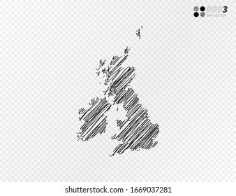 Vector black silhouette chaotic hand drawn scribble sketch  of United Kingdom (UK) map on transparent background.