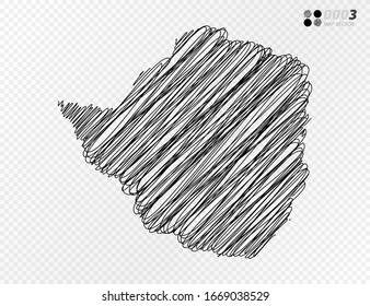 Vector black silhouette chaotic hand drawn scribble sketch  of Zimbabwe map on transparent background.