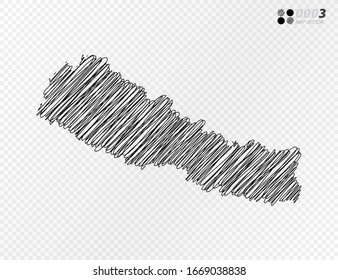 Esbozo de escarabajo negro vectorial dibujado a mano dibujando el mapa de Nepal sobre fondo transparente.