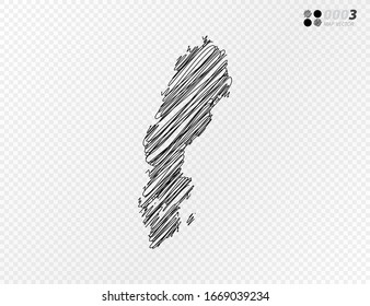 Vector black silhouette chaotic hand drawn scribble sketch  of Sweden map on transparent background.
