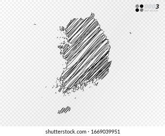 Vektorillustration schwarze Silhouette chaotische handgezeichnete Schreib-Skizze von Südkorea Karte auf transparentem Hintergrund.