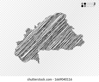 Vector black silhouette chaotic hand drawn scribble sketch  of Burkina Faso map on transparent background.