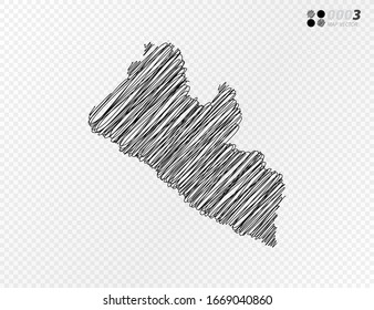 Vector black silhouette chaotic hand drawn scribble sketch  of Liberia map on transparent background.