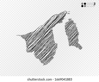 Vector black silhouette chaotic hand drawn scribble sketch  of Brunei map on transparent background.