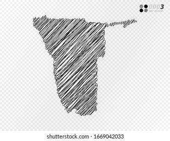 Vector black silhouette chaotic hand drawn scribble sketch  of Namibia map on transparent background.