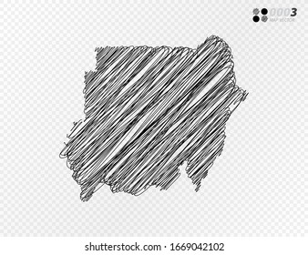 Esbozo de escarabajo negro vectorial dibujado a mano dibujando el mapa de Sudán sobre fondo transparente.