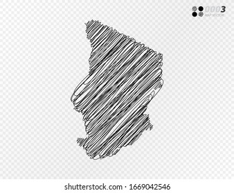 Vector black silhouette chaotic hand drawn scribble sketch  of Chad map on transparent background.