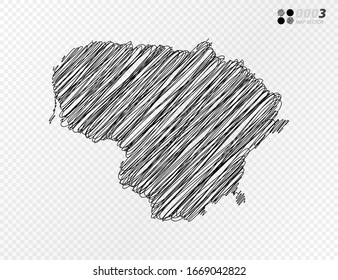 Vektorillustration schwarze Silhouette chaotische handgezeichnete Schreib-Skizze von Litauen Karte auf transparentem Hintergrund.