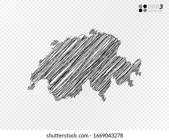 Vektorillustration schwarze Silhouette chaotische handgezeichnete Skizze der Schweiz Karte auf transparentem Hintergrund.