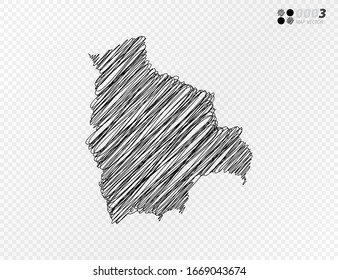 Silueta negra vectorial crotica dibujo a mano garabatos del mapa de Bolivia sobre fondo transparente.
