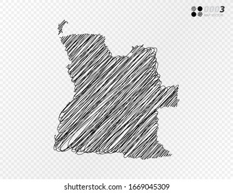 Esbozo de escarabajo negro vectorial dibujado a mano dibujando el mapa de Angola sobre fondo transparente.