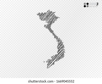 Vektorillustration schwarze Silhouette chaotische handgezeichnete Schreib-Skizze von Vietnam Karte auf transparentem Hintergrund.