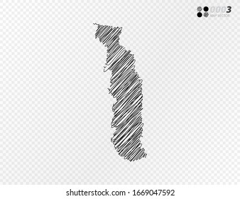 Esbozo de escarabajo negro vectorial dibujado a mano dibujando el mapa de Togo sobre fondo transparente.