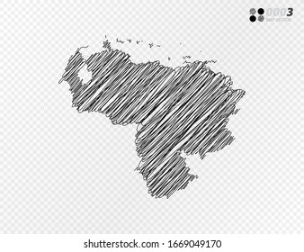 Vector black silhouette chaotic hand drawn scribble sketch  of Venezuela map on transparent background.