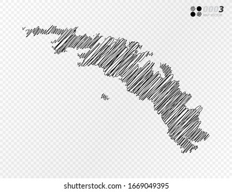 Vector black silhouette chaotic hand drawn scribble sketch  of South Georgia map on transparent background.