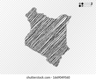 Vector black silhouette chaotic hand drawn scribble sketch  of Kenya map on transparent background.