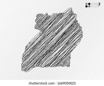 Vector black silhouette chaotic hand drawn scribble sketch  of Uganda map on transparent background.