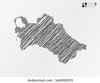 Silueta negra vectorial crotismo dibujado a mano dibujando el mapa de Turkmenistán sobre fondo transparente.