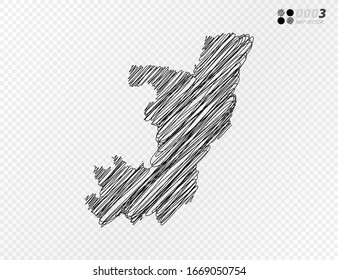 Vector black silhouette chaotic hand drawn scribble sketch  of Congo map on transparent background.