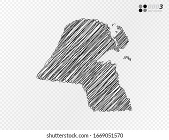 Esbozo de escarabajo negro vectorial dibujado a mano dibujando el mapa de Kuwait sobre fondo transparente.