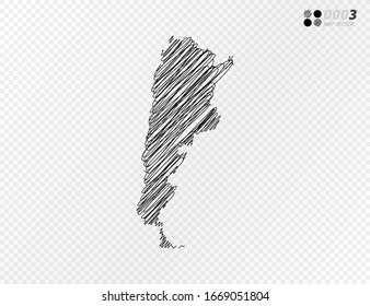 Silueta negra vectorial crotica dibujo a mano de garabatos del mapa de Argentina sobre fondo transparente.
